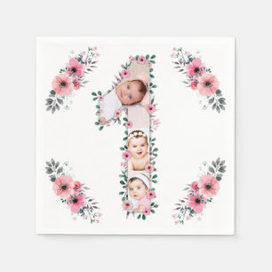 Big 1st Birthday Girl Photo Collage Pink Flower Napkins