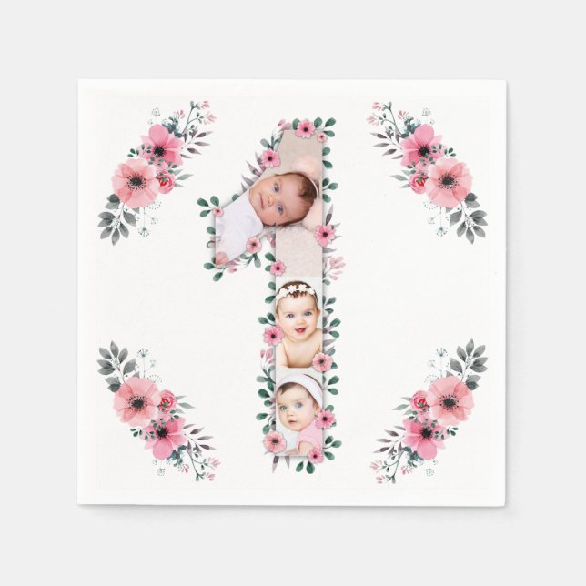Big 1st Birthday Girl Photo Collage Pink Flower Napkins (Front)