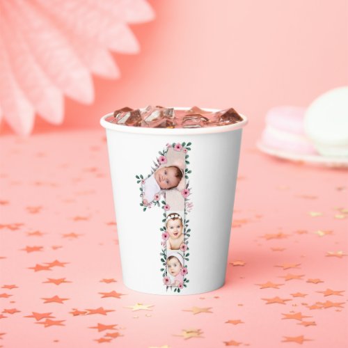 Big 1st Birthday Girl Photo Collage Pink Flower Paper Cups