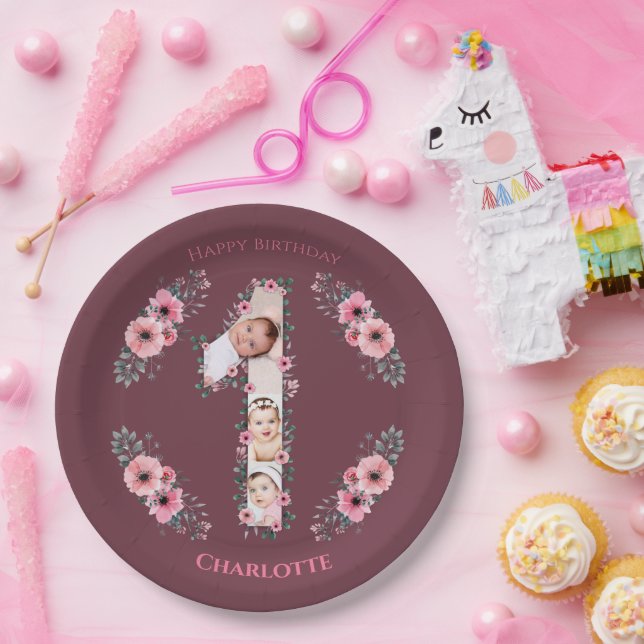 Big 1st Birthday Girl Photo Collage Pink Flower Paper Plates (Party)