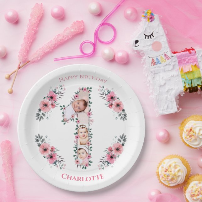 Big 1st Birthday Girl Photo Collage Pink Flower Paper Plates (Party)