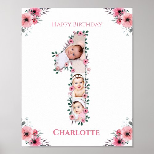 Big 1st Birthday Girl Photo Collage Pink Flower Poster