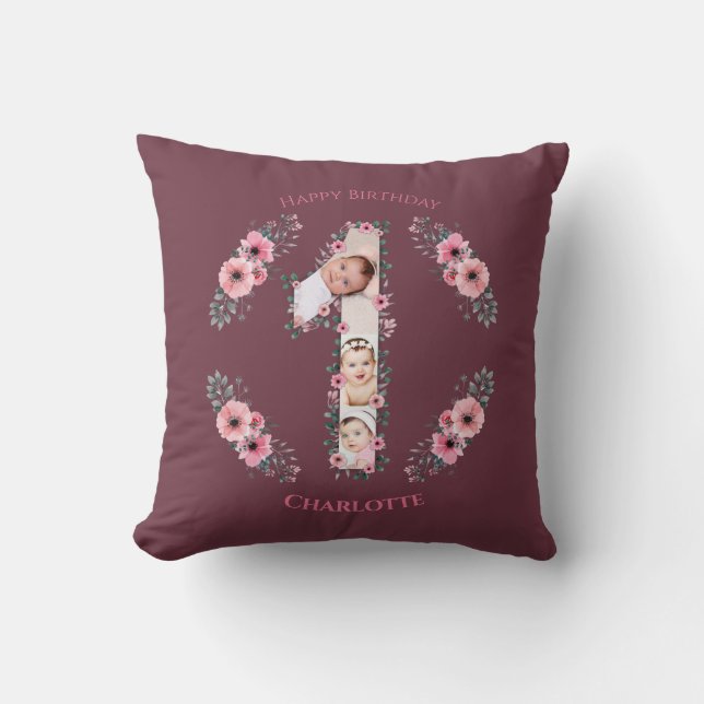 Big 1st Birthday Girl Photo Collage Pink Flower Throw Pillow (Front)