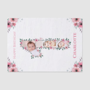 Big 1st Birthday Girl Photo Collage Pink Flower Tissue Paper