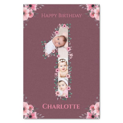 Big 1st Birthday Girl Photo Collage Pink Flower Tissue Paper