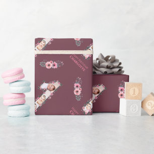 Big 1st Birthday Girl Photo Collage Pink Flower Wrapping Paper