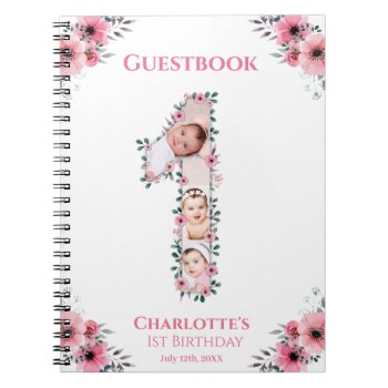Big 1st Birthday Girl Photo Pink Flower Guest Book by SorayaShanCollection at Zazzle