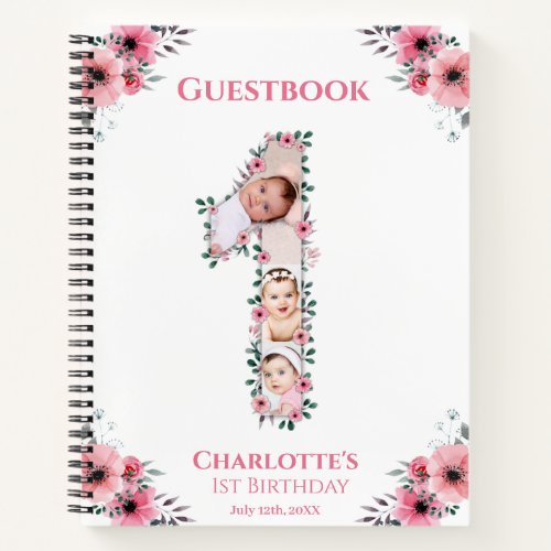 Big 1st Birthday Girl Photo Pink Flower Guest Book