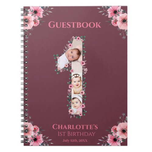 Big 1st Birthday Girl Photo Pink Flower Guest Book