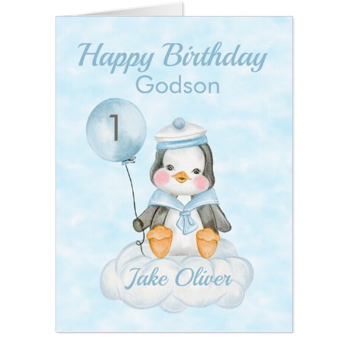 Big 1st Birthday Godson Blue Penguin Card