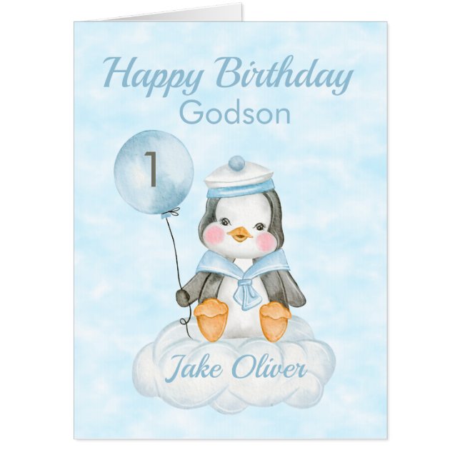 Big 1st Birthday Godson Blue Penguin Card (Front)