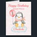 Big 1st Birthday Great Niece Card<br><div class="desc">A cute 1st birthday Great Niece baby penguin birthday big card. The card features a baby girl penguin sitting on a cloud holding a balloon. A sweet design for a little girl who will be one years old. Add the child, s name to the front of the card to customize...</div>