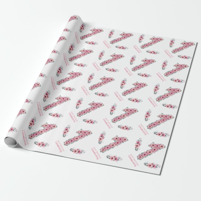 Big 1st Birthday Green Foliage Girl Pink Flowers Wrapping Paper (Unrolled)