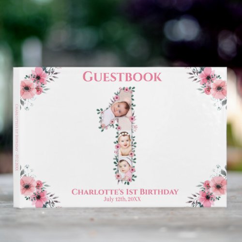 Big 1st Birthday Photo Collage Flower Girl White Guest Book
