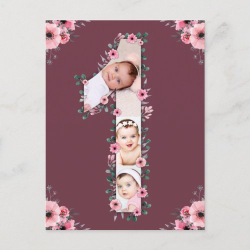 Big 1st Birthday Photo Collage Pink Flower Girl Postcard