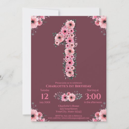 Big 1st Birthday Pink Flowers Girl Green Foliage Invitation