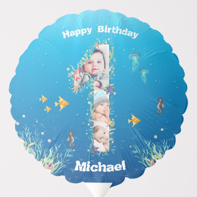 Big 1st Birthday Under The Sea Photo Collage Balloon (Front)