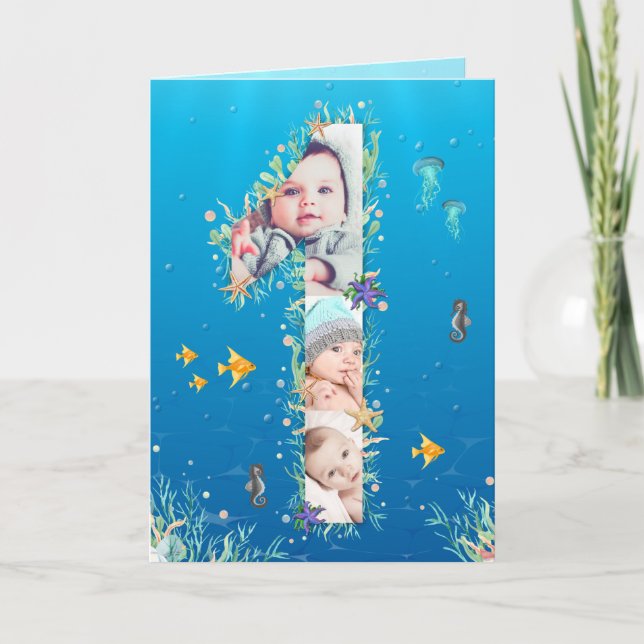 Big 1st Birthday Under The Sea Photo Collage Card (Front)