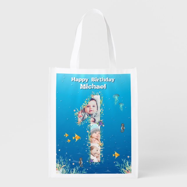 Big 1st Birthday Under The Sea Photo Collage Grocery Bag (Front)