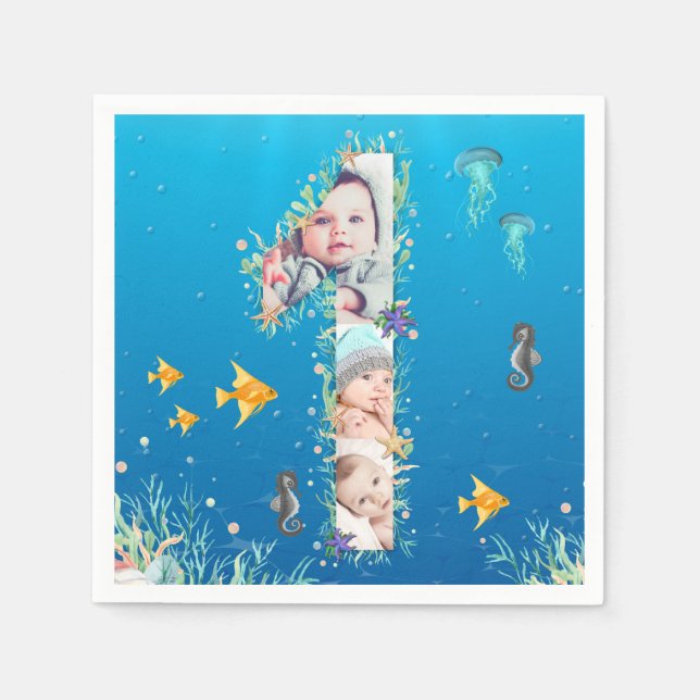 Big 1st Birthday Under The Sea Photo Collage Napkins (Front)