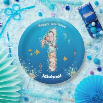 Big 1st Birthday Under The Sea Photo Collage Paper Plates by SorayaShanCollection at Zazzle