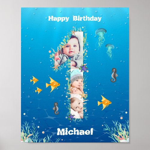 Big 1st Birthday Under The Sea Photo Collage Poster