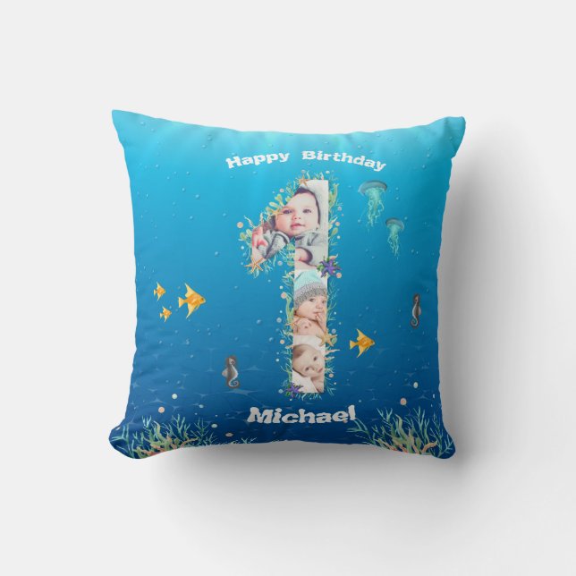 Big 1st Birthday Under The Sea Photo Collage Throw Pillow (Front)