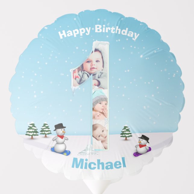 Big 1st Birthday Winter Snow Ice Photo Collage Balloon (Front)