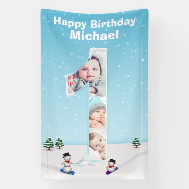 Big 1st Birthday Winter Snow Ice Photo Collage Banner (Vertical)