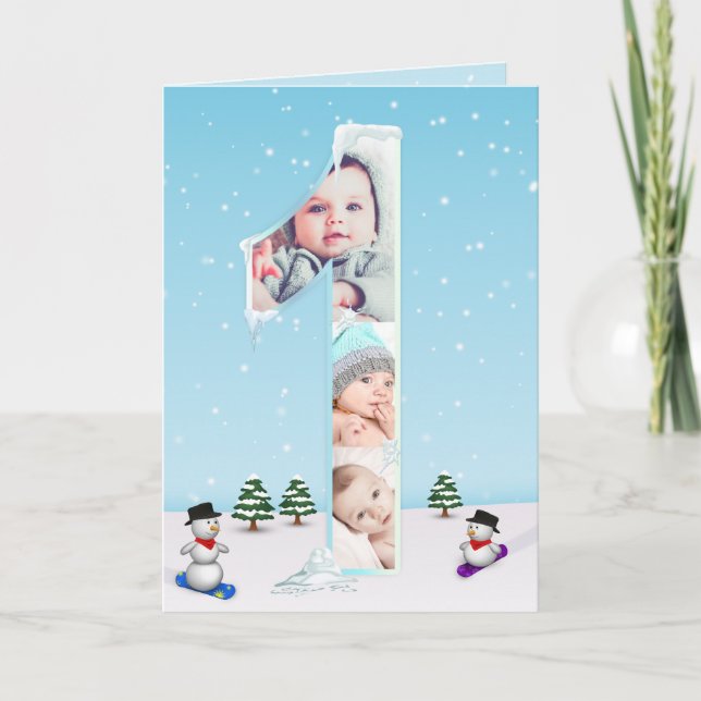 Big 1st Birthday Winter Snow Ice Photo Collage Card (Front)