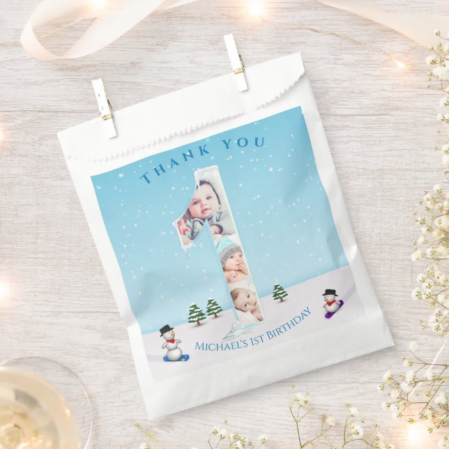Big 1st Birthday Winter Snow Ice Photo Collage Favor Bag (Clipped)