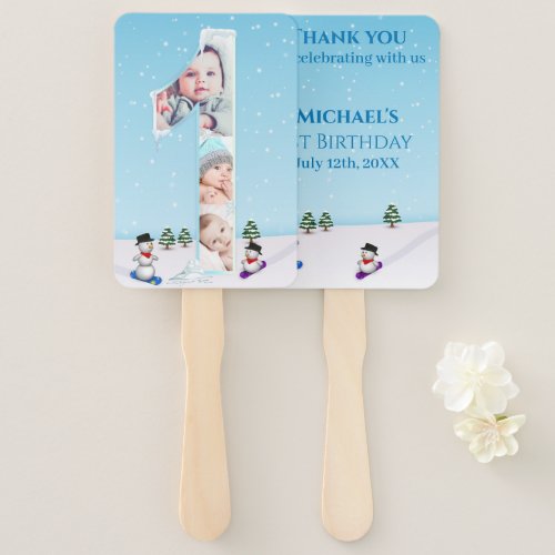 Big 1st Birthday Winter Snow Ice Photo Collage Hand Fan