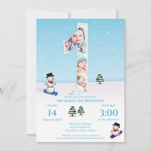 Big 1st Birthday Winter Snow Ice Photo Collage Invitation (Front)