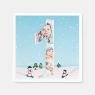 Big 1st Birthday Winter Snow Ice Photo Collage Napkins