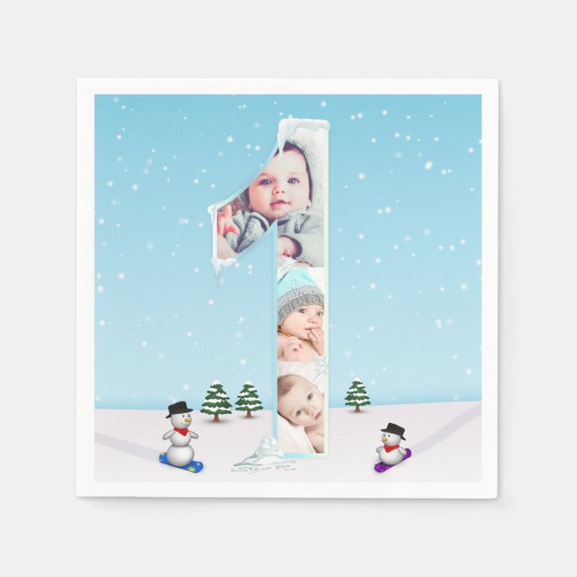 Big 1st Birthday Winter Snow Ice Photo Collage Napkins (Front)