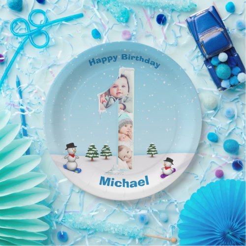 Big 1st Birthday Winter Snow Ice Photo Collage Paper Plates