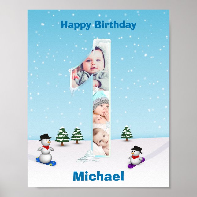 Big 1st Birthday Winter Snow Ice Photo Collage Poster (Front)