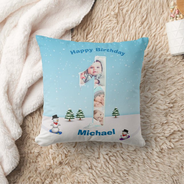Big 1st Birthday Winter Snow Ice Photo Collage Throw Pillow (Blanket)