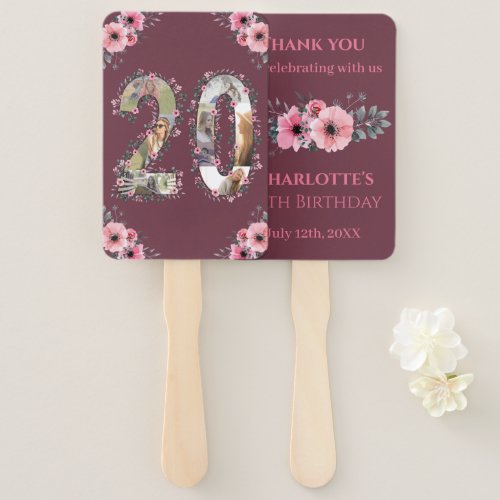 Big 20th Birthday Photo Collage Girl Pink Flower Hand Fan