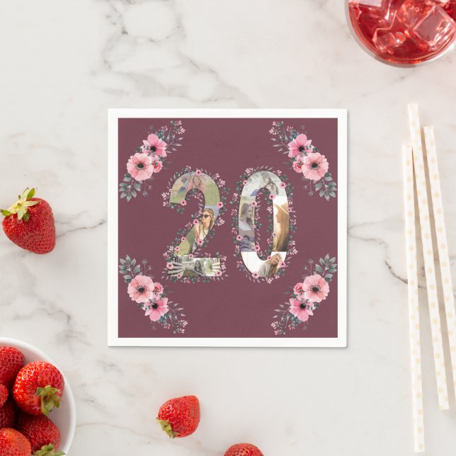 Big 20th Birthday Photo Collage Girl Pink Flower Napkins (Insitu)