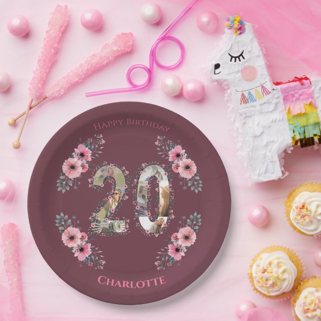 Big 20th Birthday Photo Collage Pink Flower Girl Paper Plates (Party)