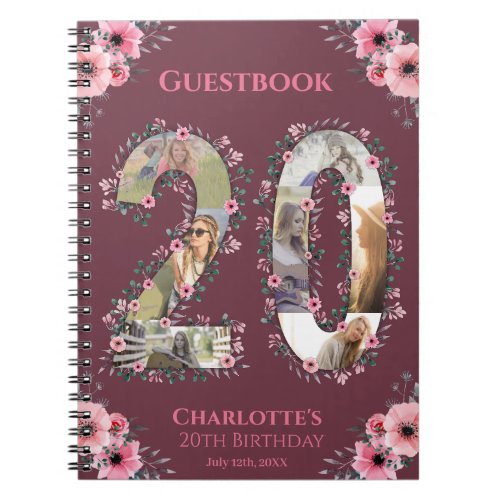 Big 20th Birthday Photo Pink Flower Guest Book