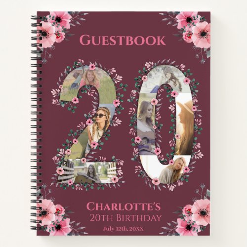 Big 20th Birthday Photo Pink Flower Guest Book