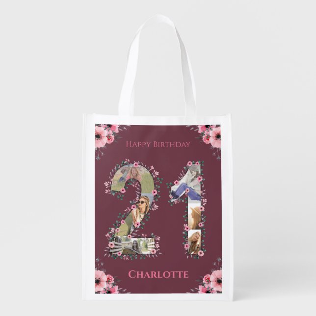 Big 21st Birthday Girl Photo Collage Pink Flower Grocery Bag (Front)