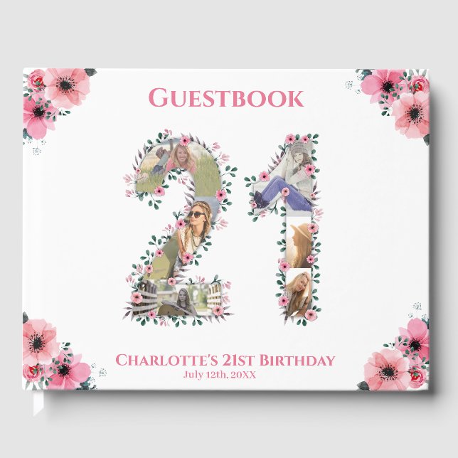Big 21st Birthday Photo Collage Flower Girl White Guest Book (Front)
