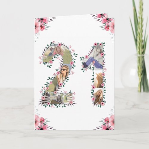 Big 21st Birthday Photo Collage Pink Flower White Card