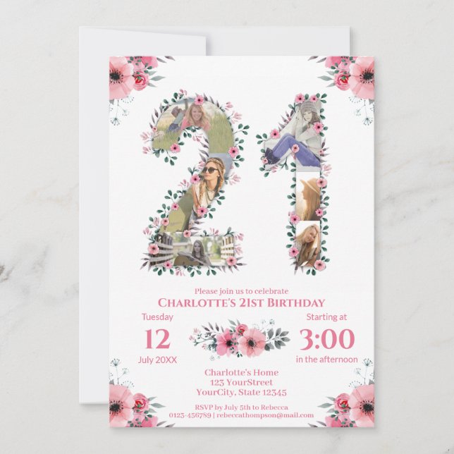Big 21st Birthday Photo Collage Pink Flower White Invitation (Front)