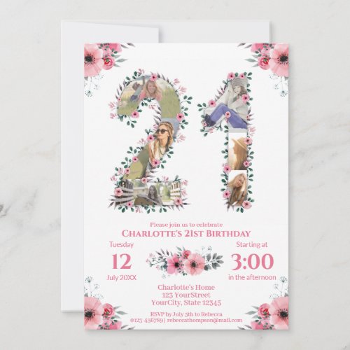 Big 21st Birthday Photo Collage Pink Flower White Invitation