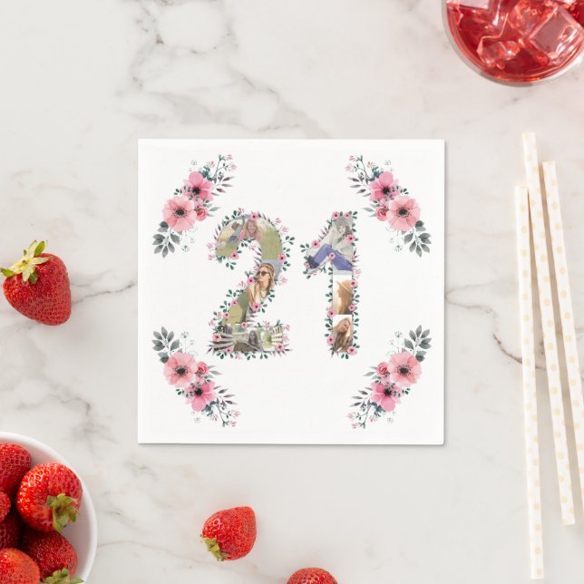 Big 21st Birthday Photo Collage Pink Flower White Napkins (Insitu)