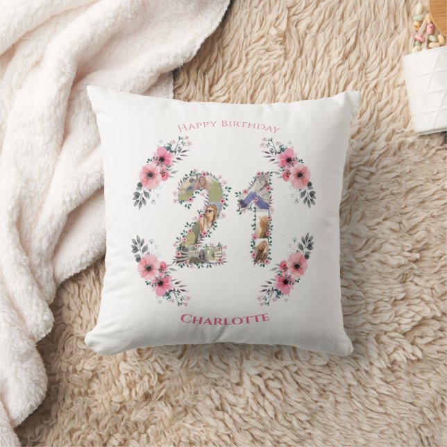 Big 21st Birthday Photo Collage Pink Flower White Throw Pillow (Blanket)